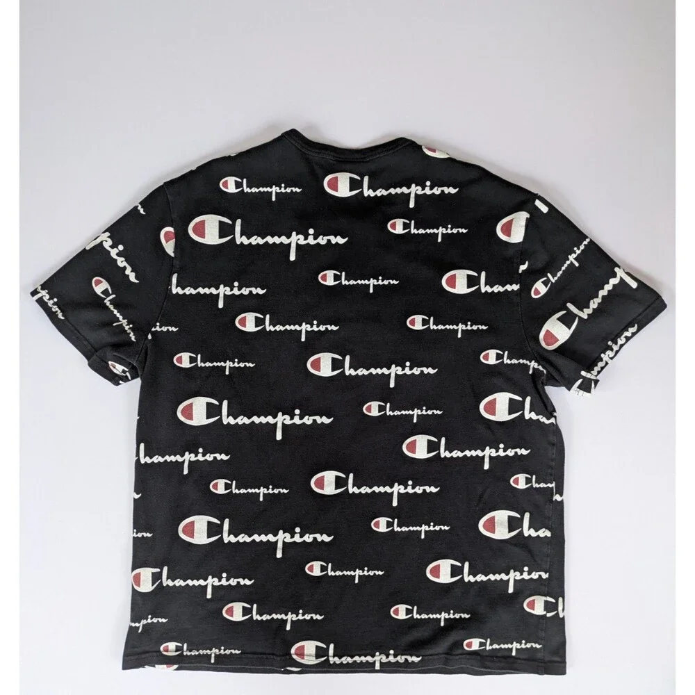 VTG Champion T-Shirt Mens Size XL Black Script Logo AOP Athletic Gym Streetwear - Picture 2 of 5